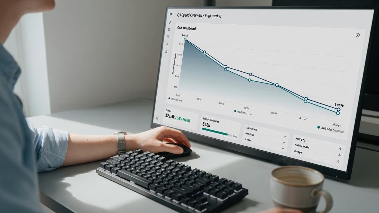 Reviewing an AI agent loop's token cost trending down on a monitor after adding model routing and dedup
