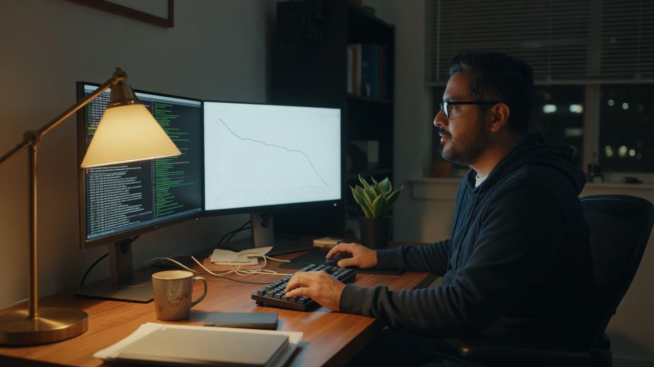 A developer watching an autonomous AI agent loop run at night with cost trending down on a monitor