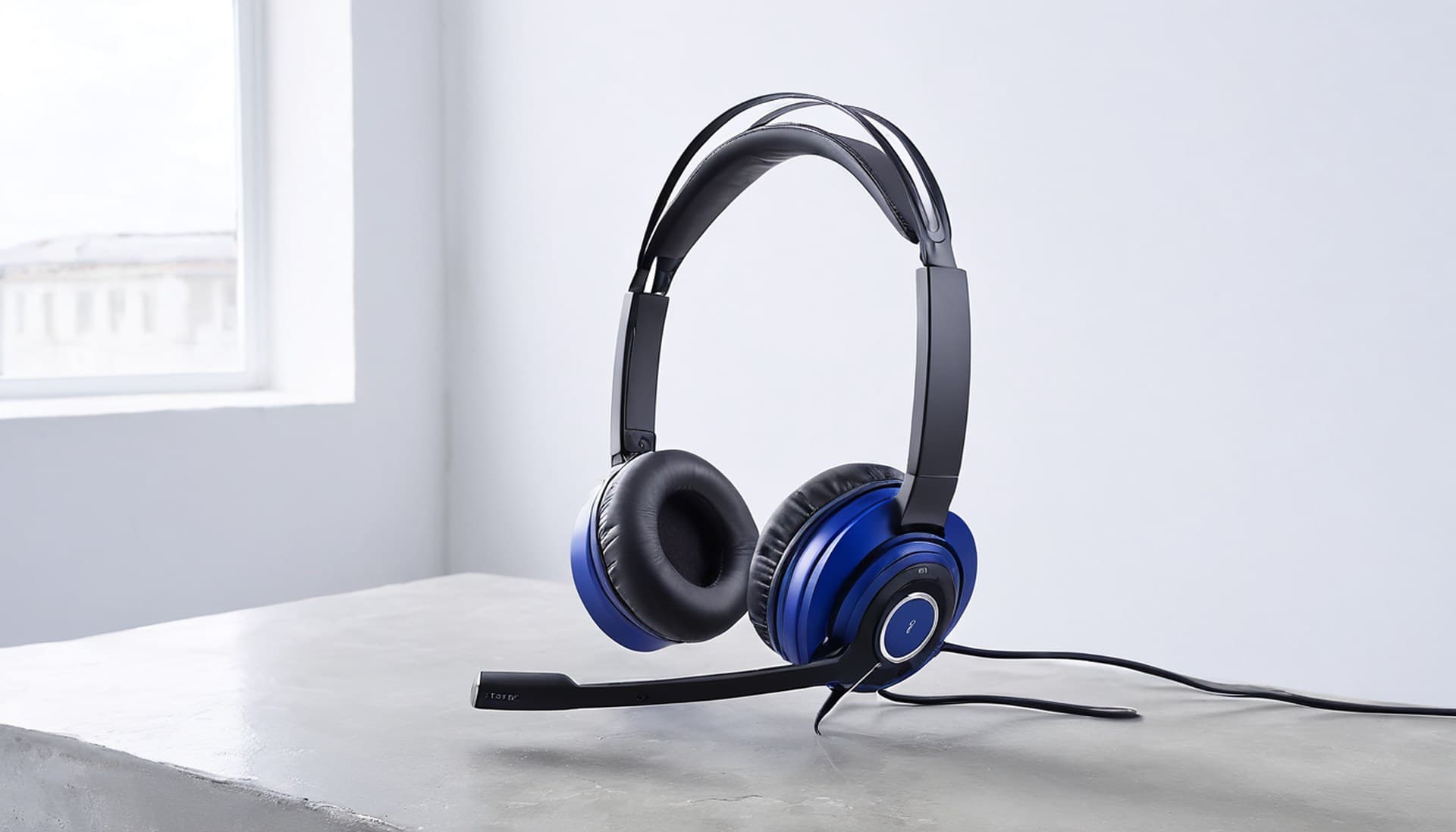 A black and cobalt-blue broadcast headset with a boom microphone resting on a pale concrete surface in bright daylight, representing a stronger advisor model speaking into a faster executor model's ear at decision points