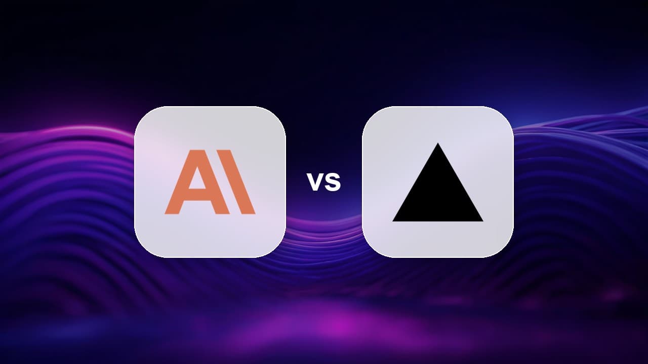 Anthropic and Vercel logos on frosted tiles either side of a vs divider, over a violet background, representing Claude Agent SDK versus Vercel AI SDK 7