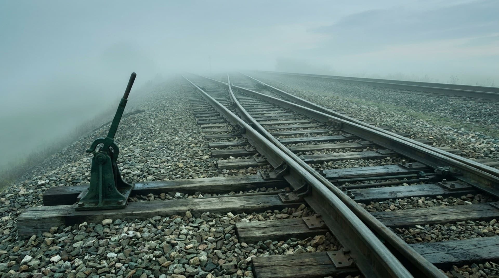 A misty railway switch where one track splits in two beside a green cast-iron hand lever, a metaphor for choosing between Claude API versions 2023-06-01 and 2026-10-21
