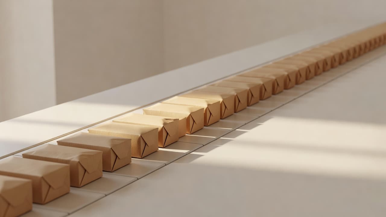 A row of identical parcels on a conveyor belt, a metaphor for batching many Claude API requests together for a 50% discount