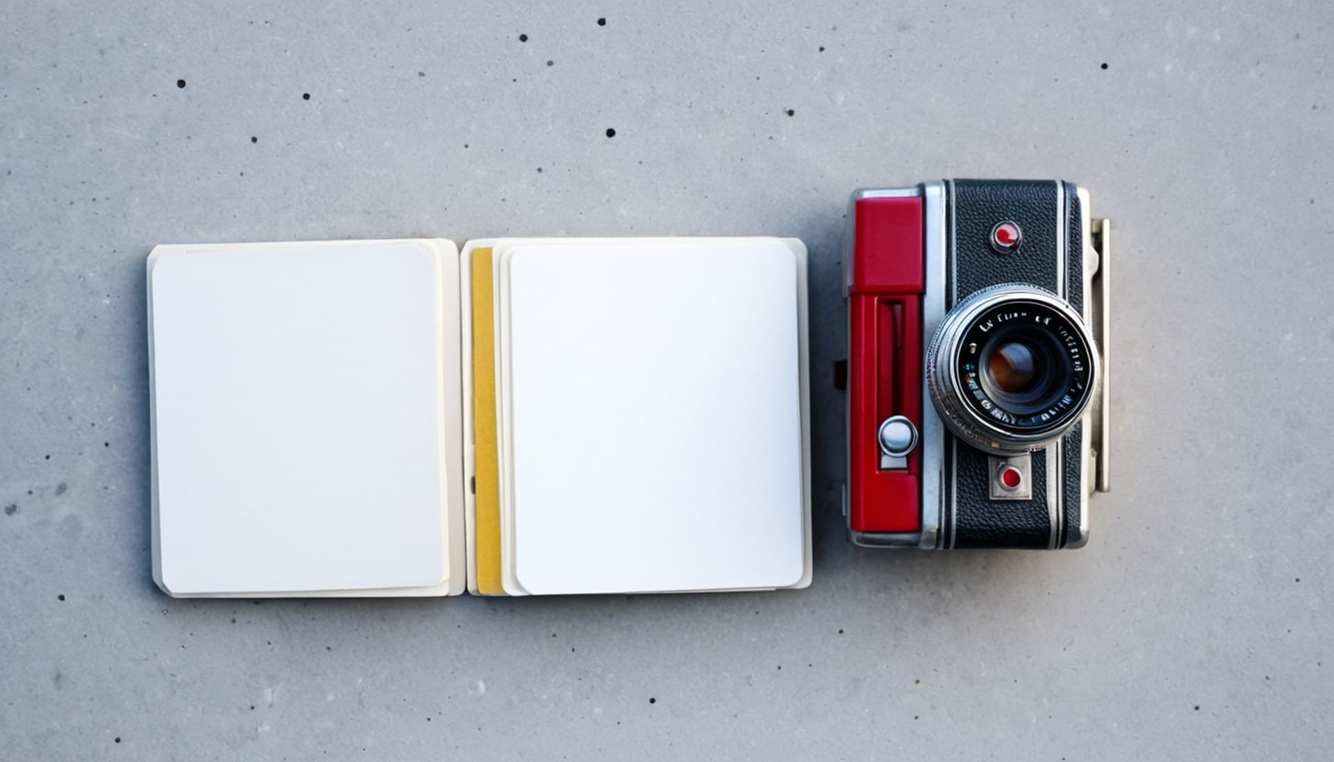 A vintage rangefinder camera beside a stack of blank index cards with a yellow divider tab on pale concrete, a metaphor for Claude's computer use toolset seeing pixels versus the browser use toolset reading a page's structure