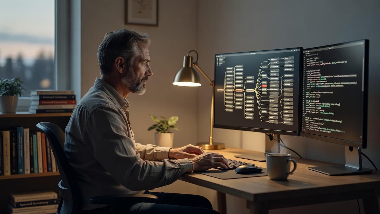 A developer watching a branching tree of parallel Claude Code subagents run in the background on a monitor