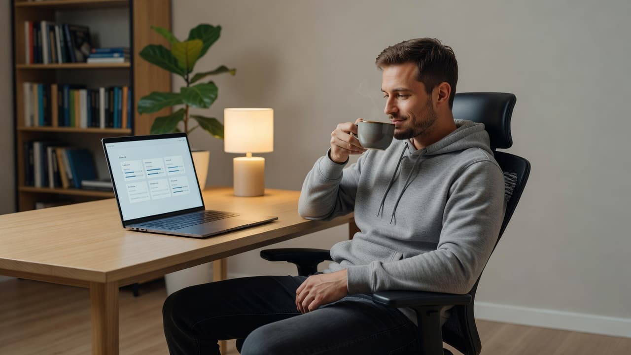 A developer relaxing with coffee while a Claude Code workflow fans several subagent tasks out in the background on a laptop