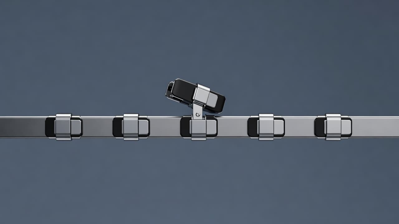 A row of automated latches on a rail, one caught mid-snap — a metaphor for hooks firing on their own at lifecycle events