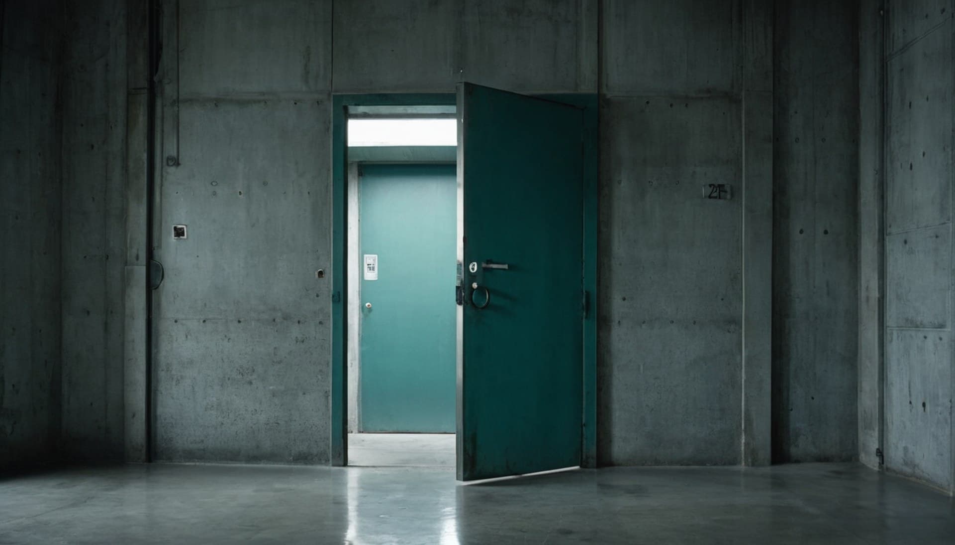 A heavy steel security door standing ajar in a bare concrete room, representing the Claude Code sandbox boundary that stops writes but leaves reads open
