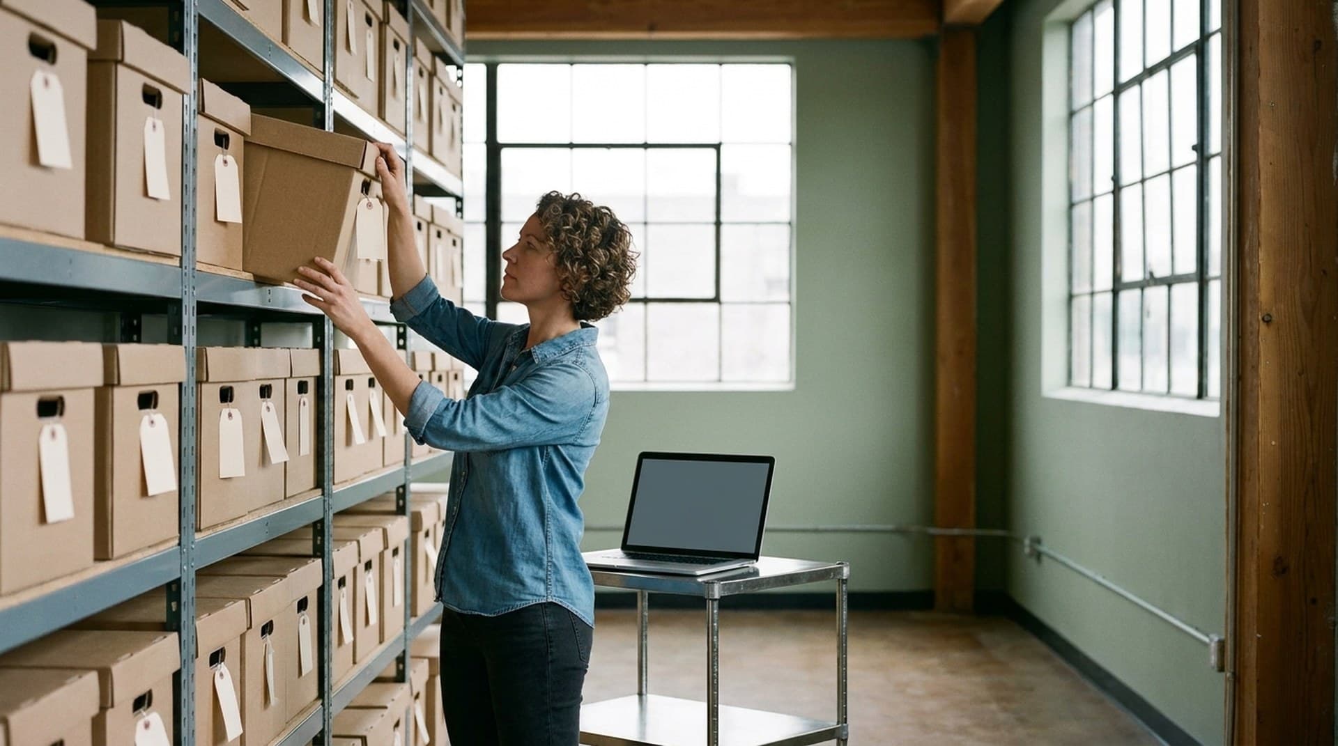 A software engineer pulling a tagged storage box from a metal archive shelf in a bright warehouse office, laptop on a rolling cart, a metaphor for managing uploaded files and expiration in the Claude Files API