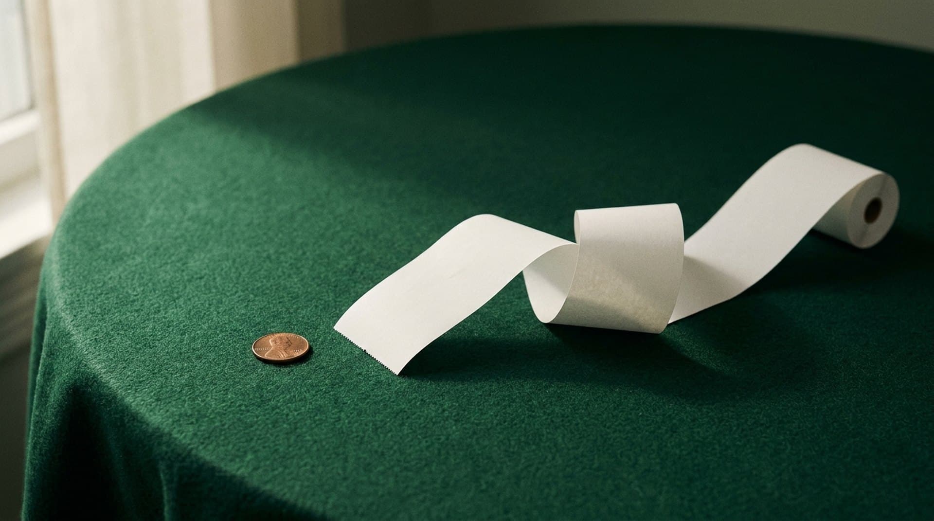 A single penny next to a long curling strip of blank receipt paper on green felt, a visual for Claude Haiku 5.5's cheap per-token price versus the longer token bill it runs up compared with Haiku 4.5