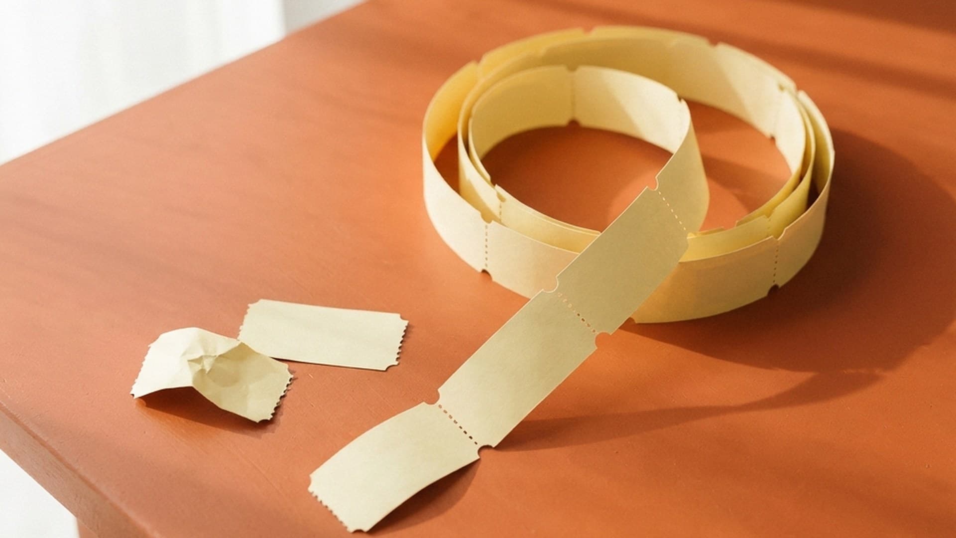 A coiled strip of blank perforated admission tickets on a terracotta table with two torn-off tickets beside it, a visual for Claude Max monthly API credits that get used up and expire each billing cycle