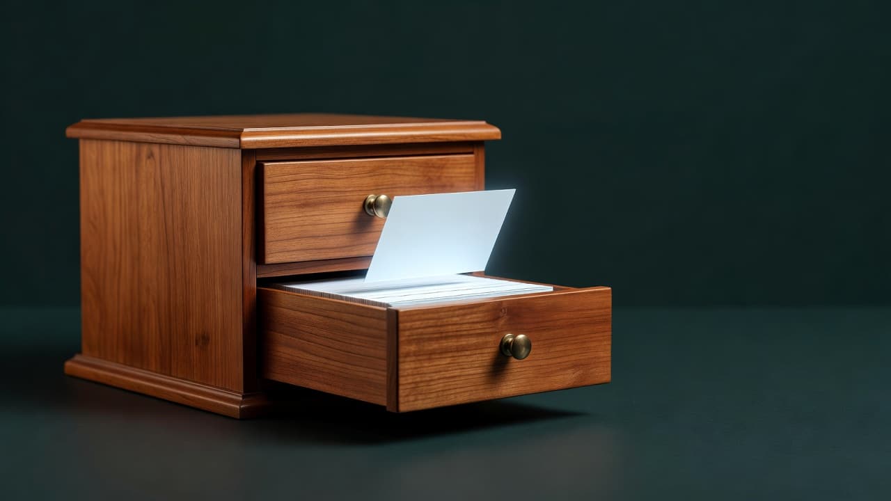 A wooden card-catalog drawer open with a single glowing index card lifted out, a metaphor for a Claude agent recalling one memory file on demand