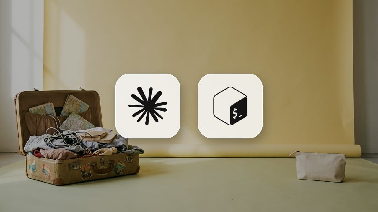 Claude and Bash logo tiles between an overstuffed vintage suitcase spilling clothes and cables and a single slim canvas pouch on a butter-yellow studio backdrop, a metaphor for default claude -p versus bare mode token overhead