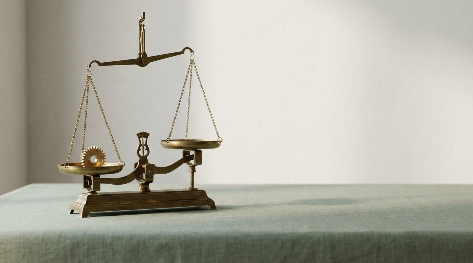 An antique brass two-pan balance scale on sage-green linen with a single brass gear weighing down one pan and the other pan empty, a metaphor for claude plugin eval comparing a Claude Code skill against a no-plugin baseline