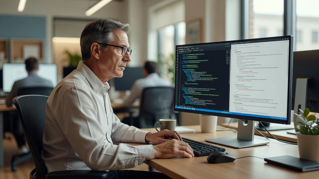 A developer comparing Claude Skills and MCP servers on a monitor, deciding which to use for an AI agent