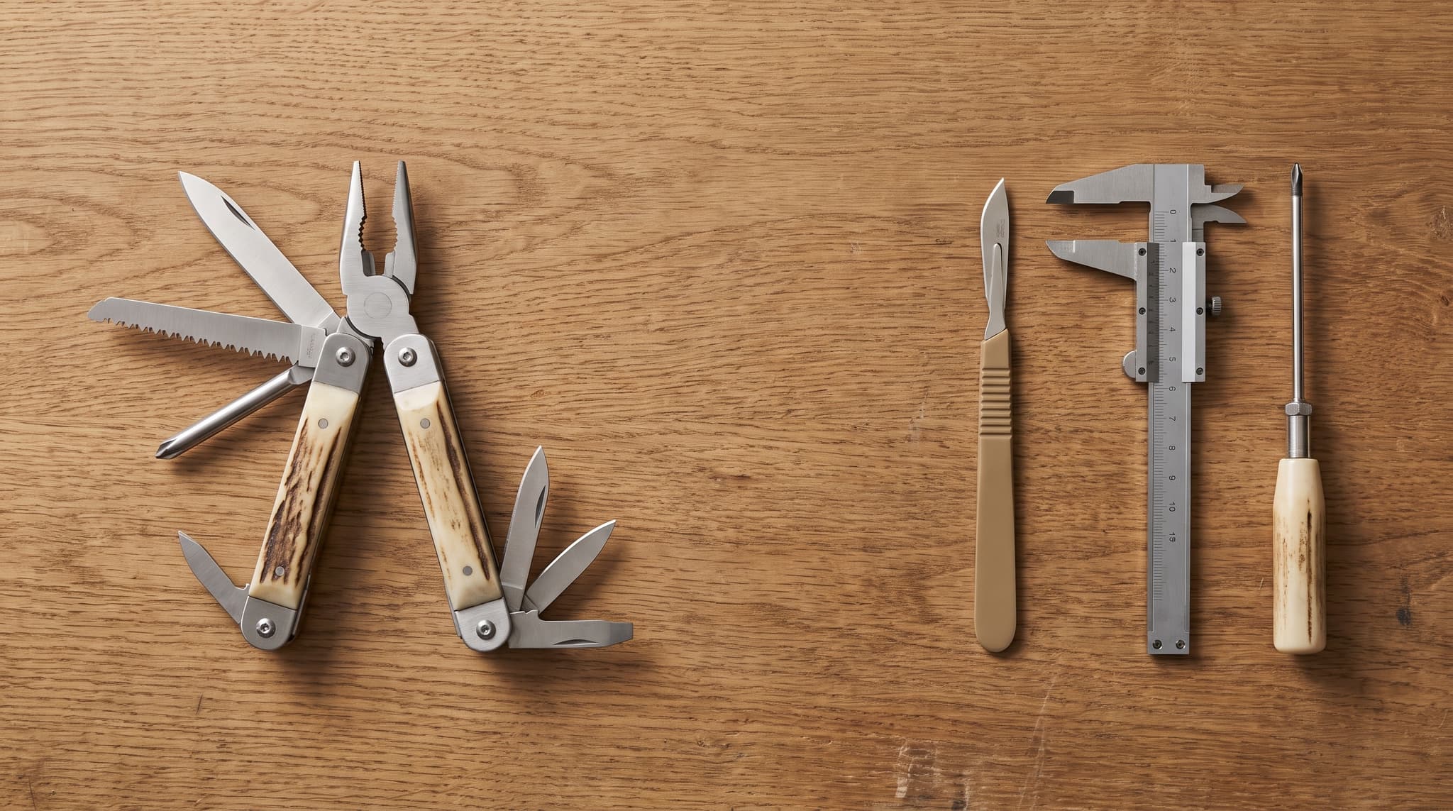 A folding multi-tool beside a row of specialist precision instruments — skills as one reusable tool, subagents as specialists