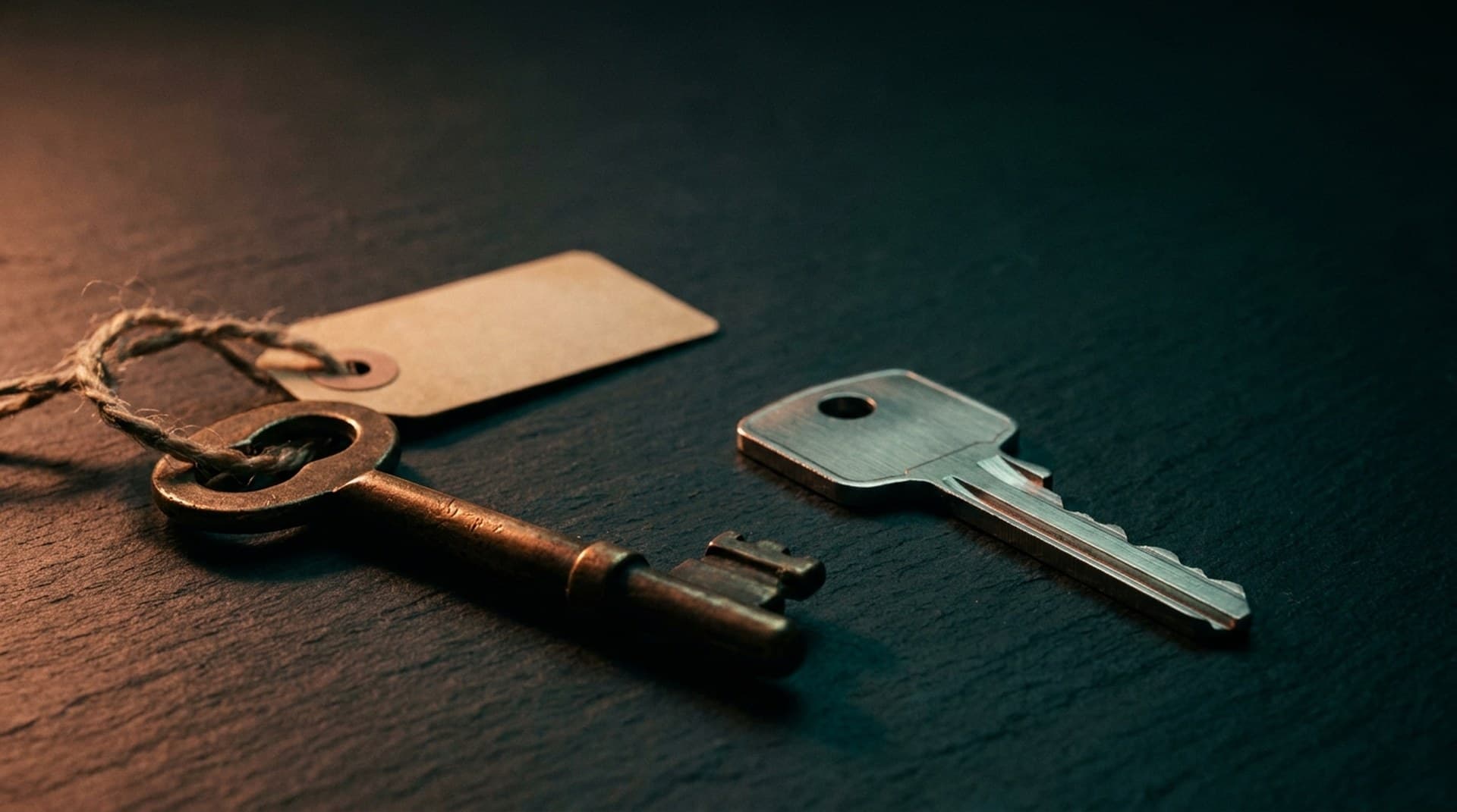 An old worn brass key with a faded paper tag beside a new brushed steel key on dark slate under warm side light, a metaphor for replacing the retiring Claude Sonnet 4.5 model with Claude Sonnet 5.5