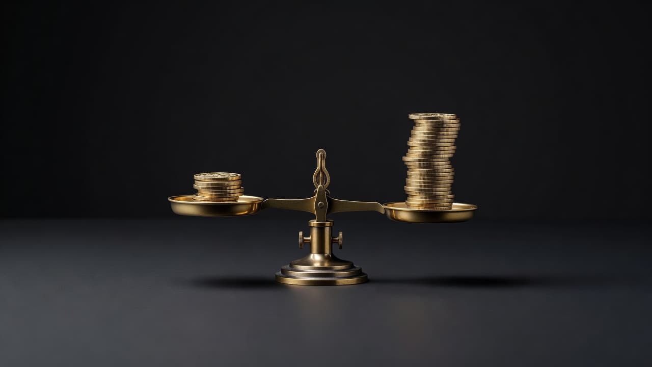 An editorial balance scale weighing a small stack of tokens against a single dense, glowing block — the cost-per-token versus cost-per-task trade-off
