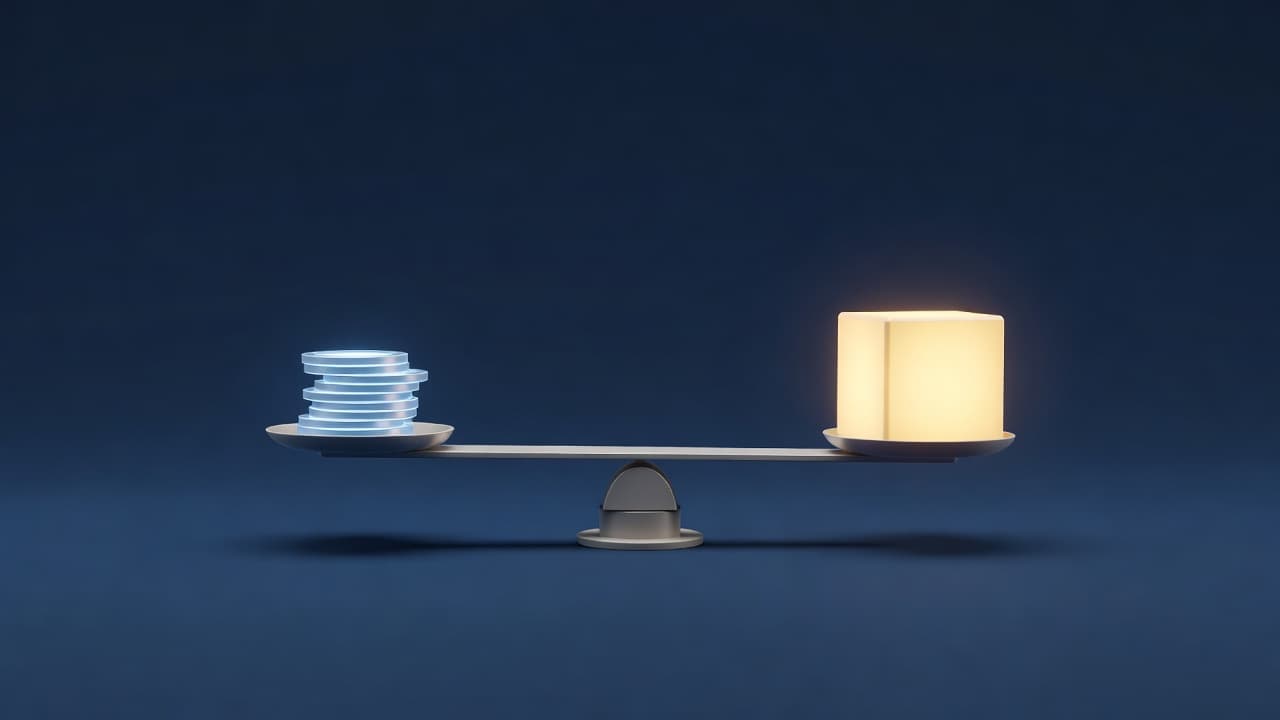 An editorial balance scale weighing a small stack of tokens against a single dense, glowing block — the cost-per-token versus cost-per-task trade-off
