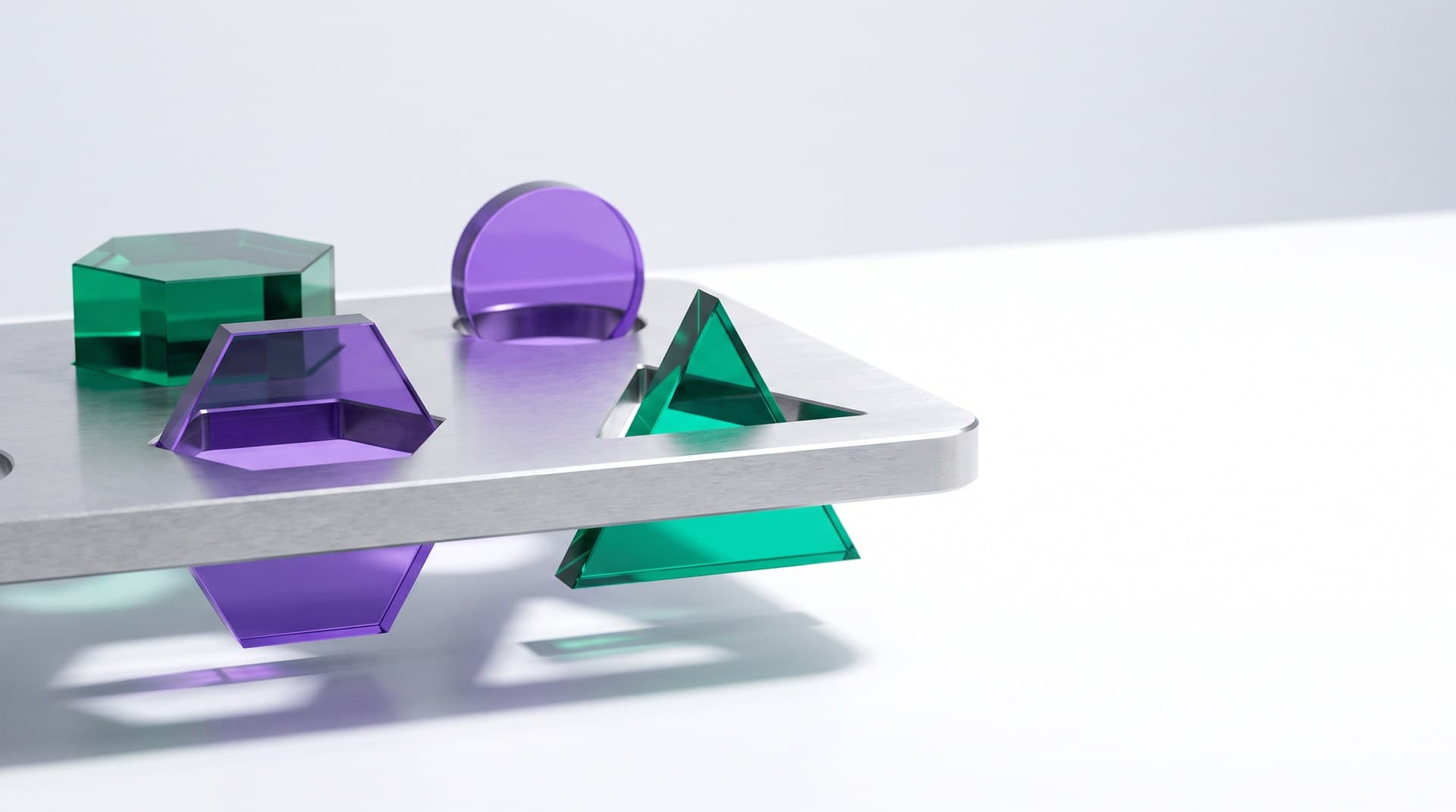 A precision steel template plate letting only matching geometric blocks pass through, a metaphor for Claude structured outputs constraining response shape