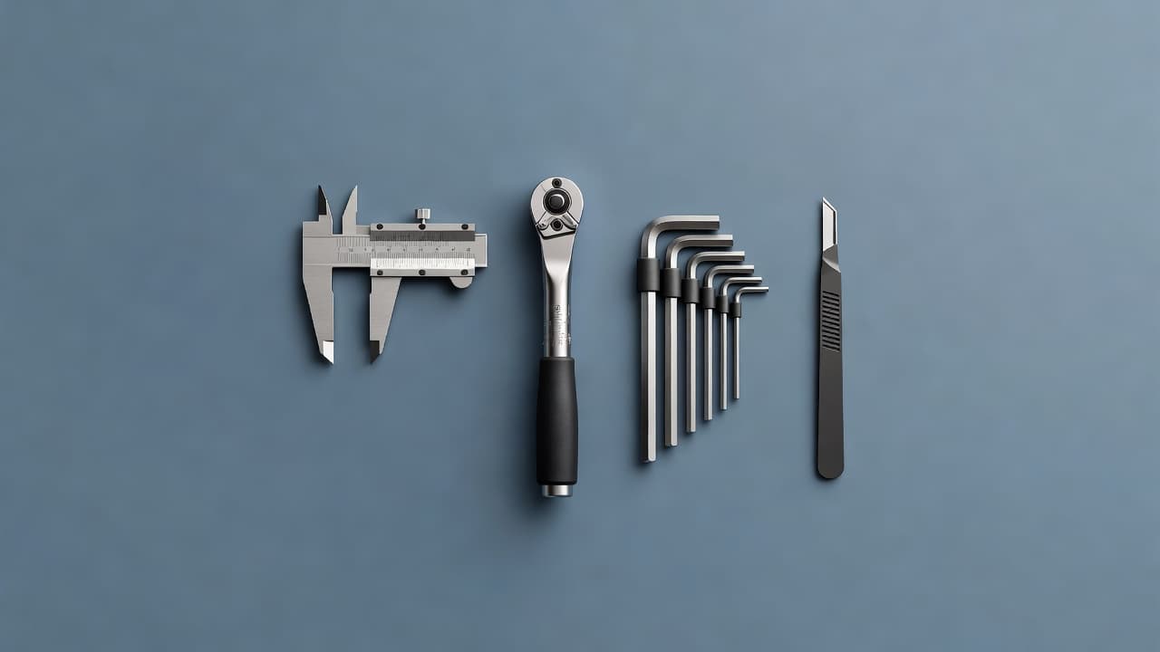 A tidy row of precision hand tools on a slate-blue surface, a metaphor for well-designed Claude agent tools