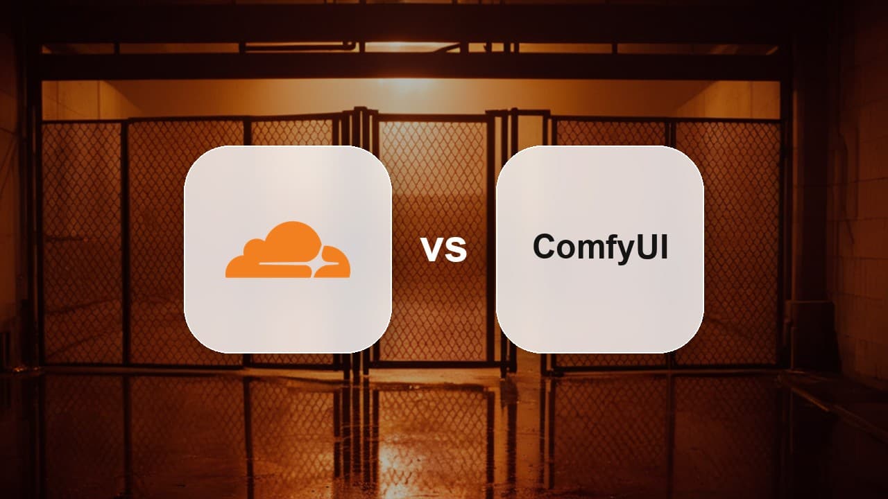 Cloudflare logo tile versus ComfyUI wordmark tile in front of a closed chain-link gate in an amber-lit corridor, a visual for working out which layer returns a ComfyUI 403 Forbidden behind a reverse proxy