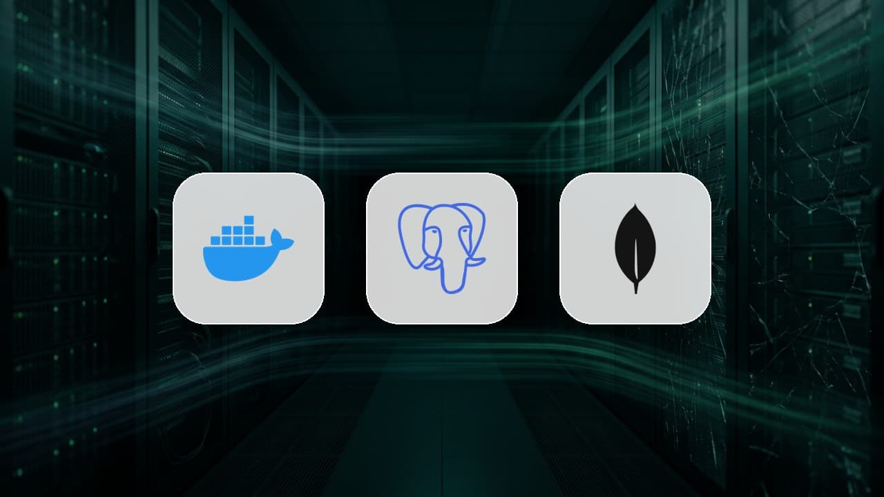 Docker, PostgreSQL and MongoDB logos over a dark teal background representing database file corruption on macOS