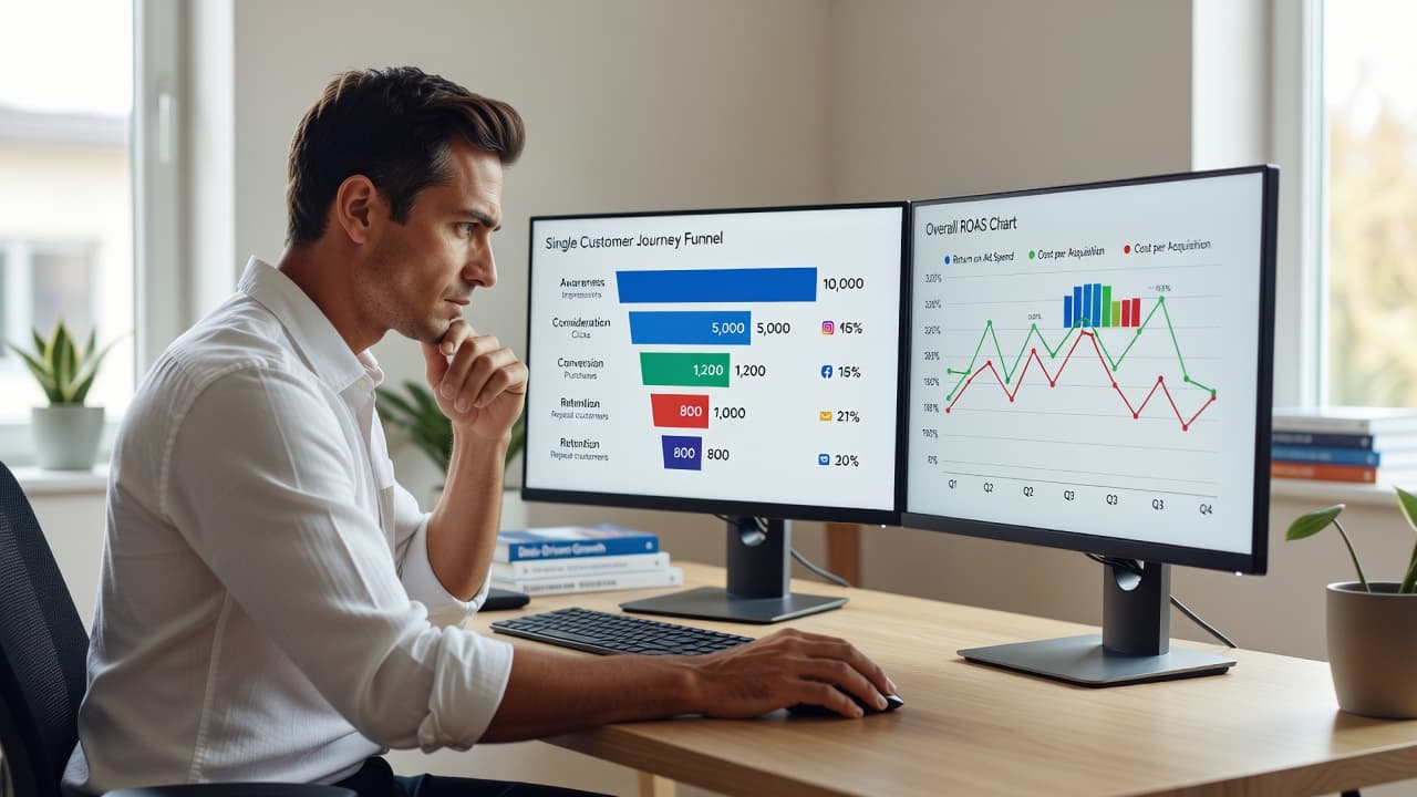 A marketer comparing Hyros per-lead attribution against a Triple Whale blended ROAS dashboard on two monitors