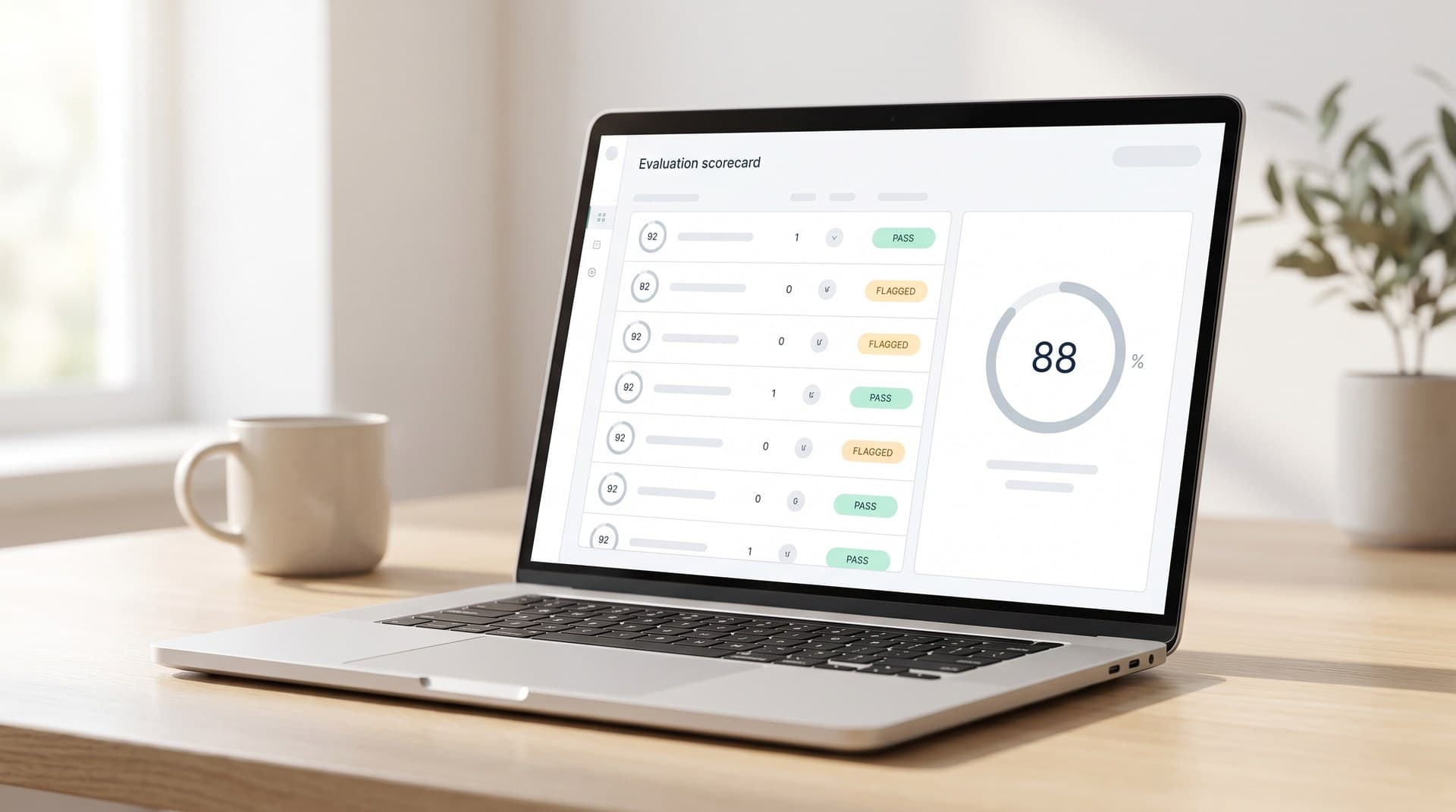 Laptop on a bright desk showing an AI agent evaluation scorecard with per-test-case scores, pass and flagged status pills, and an 88 percent aggregate score ring