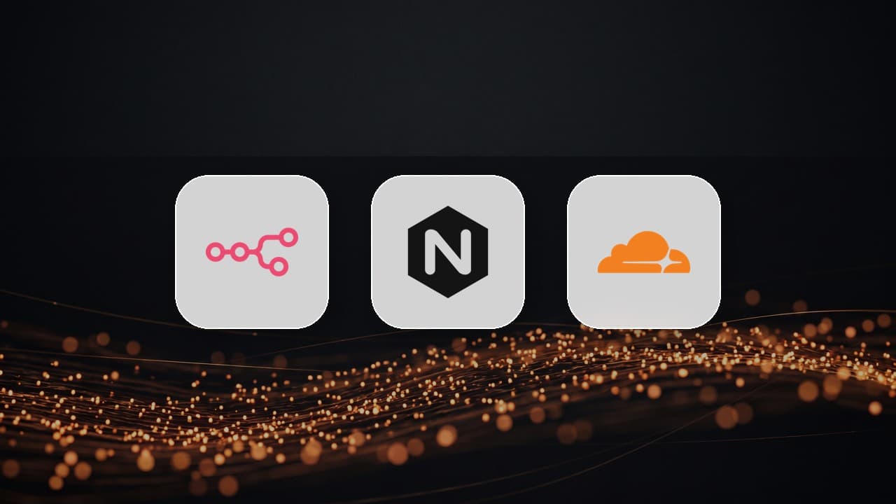 n8n, NGINX and Cloudflare logos over a dark background of amber light particles streaming left to right, illustrating an n8n AI agent streaming response