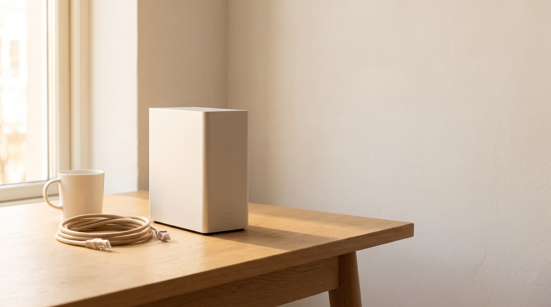 A small white mini server on a pale oak desk beside a coiled ethernet cable in warm daylight, representing a self-hosted n8n instance