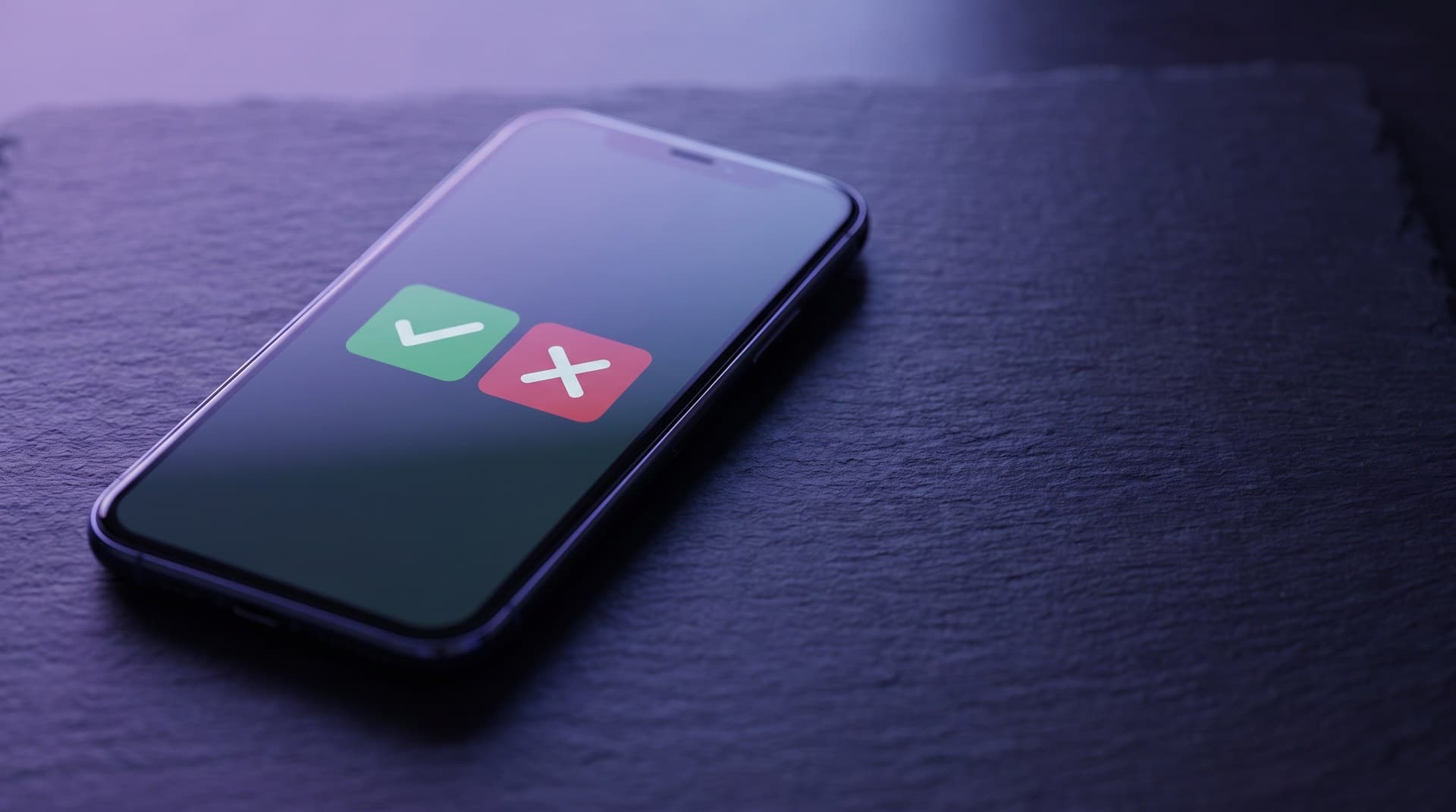 A smartphone on a dark desk showing a minimal approve or deny card in violet light, illustrating an n8n human-in-the-loop approval request