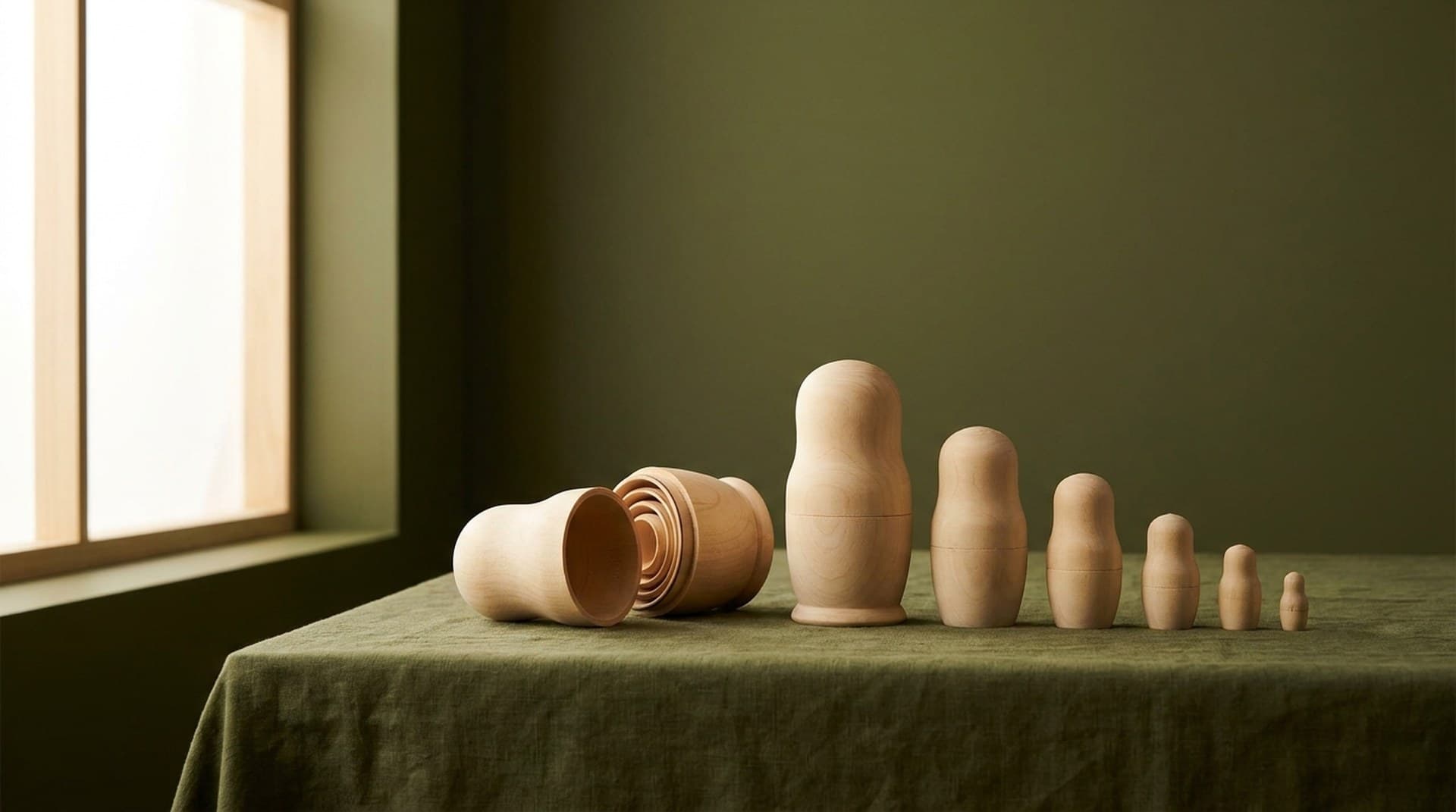 Plain unpainted wooden nesting dolls on an olive-green linen table, the largest one opened with the smaller dolls lined up beside it, a metaphor for pandas pulling its own dependencies into the n8n Python Code node