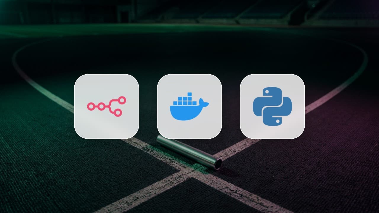 n8n, Docker and Python logo tiles above a relay baton lying on a dark running track, a metaphor for the n8n task broker handing Code node tasks to an external task runner