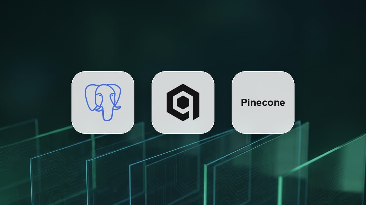 PostgreSQL, Qdrant and Pinecone logos on frosted tiles above layered translucent glass planes in dark emerald and teal, representing n8n vector store choices for RAG