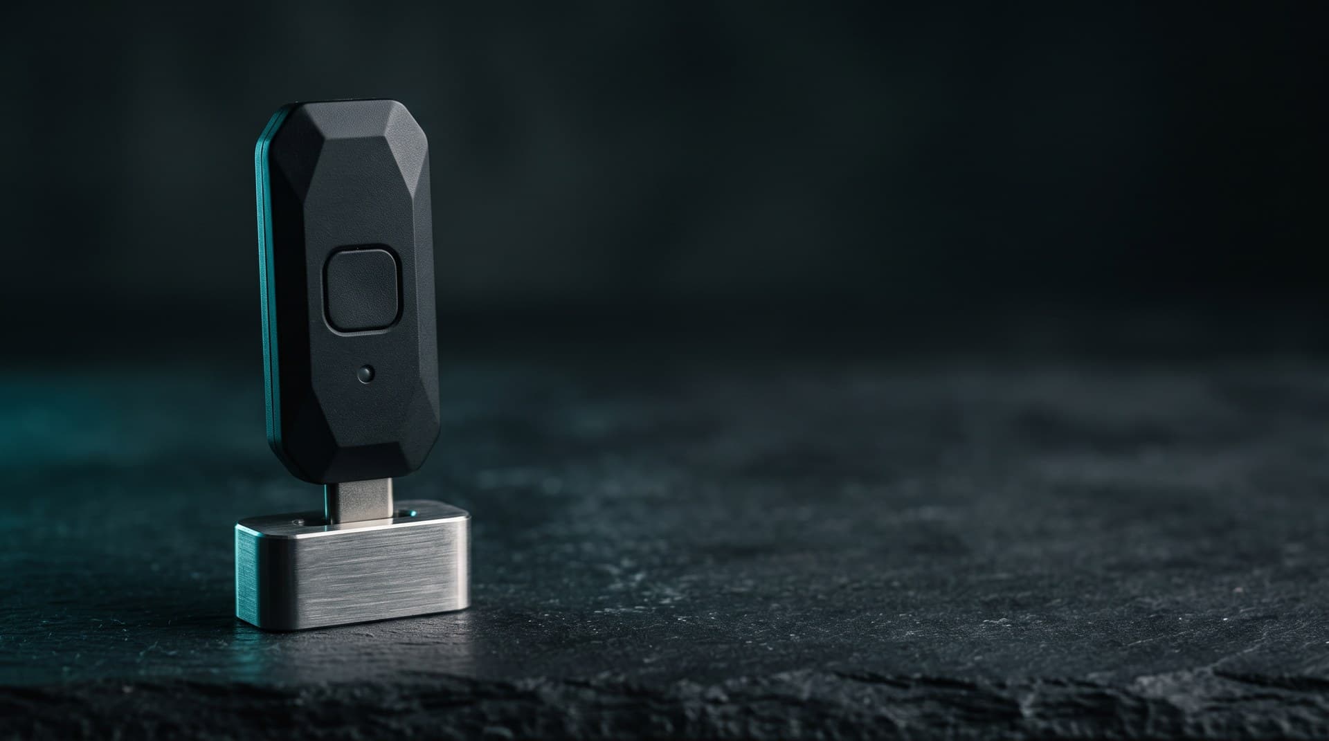 A matte-black hardware security key standing in a steel holder on dark slate, representing remote MCP server authentication