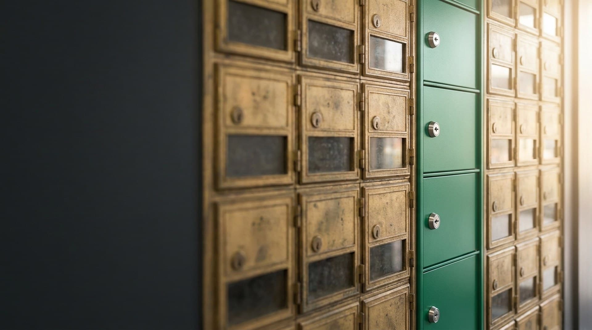 A wall of tarnished brass post office boxes with one column replaced by new green doors and modern locks, a metaphor for swapping Supabase legacy anon and service_role keys for publishable and secret keys