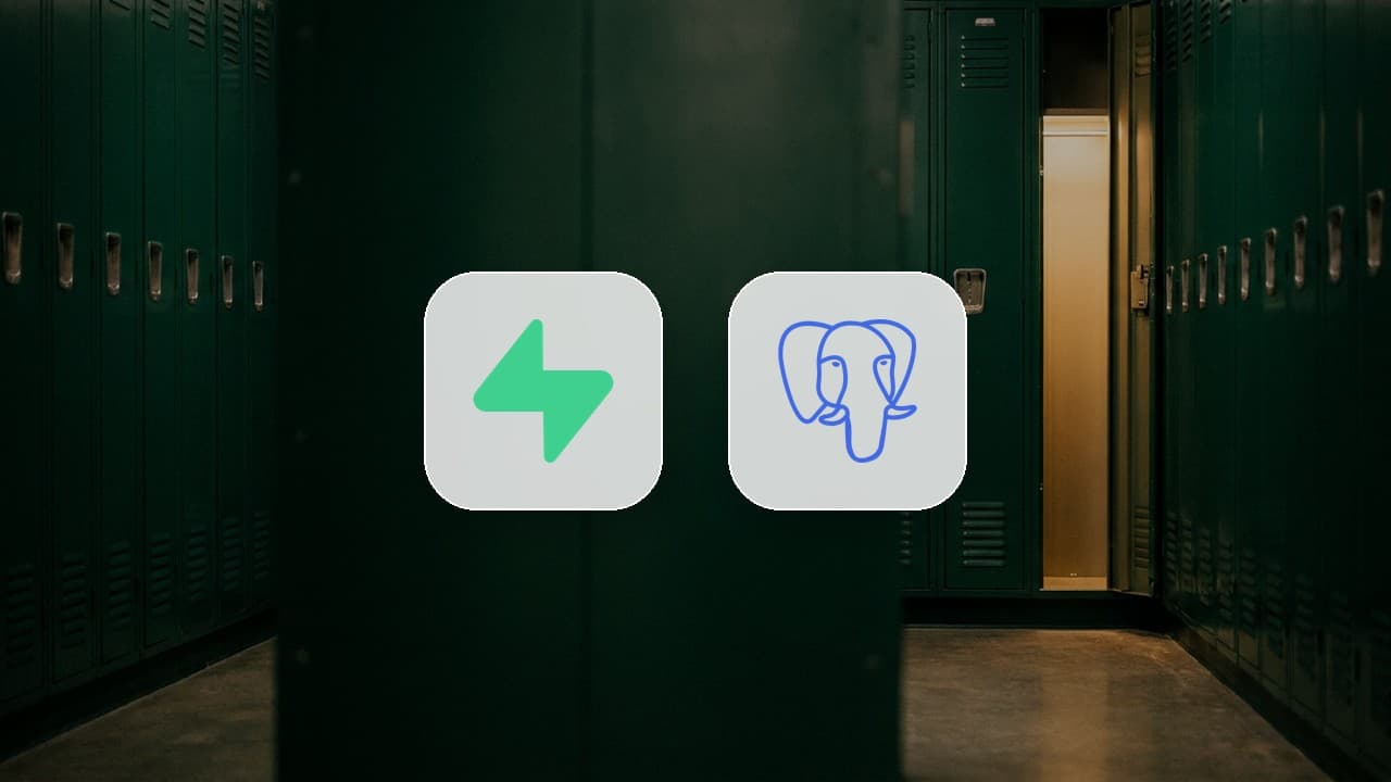 Supabase and PostgreSQL logos over a dark green locker room where every locker is shut except one lit from inside, a metaphor for tables that need explicit grants before the Supabase Data API can reach them