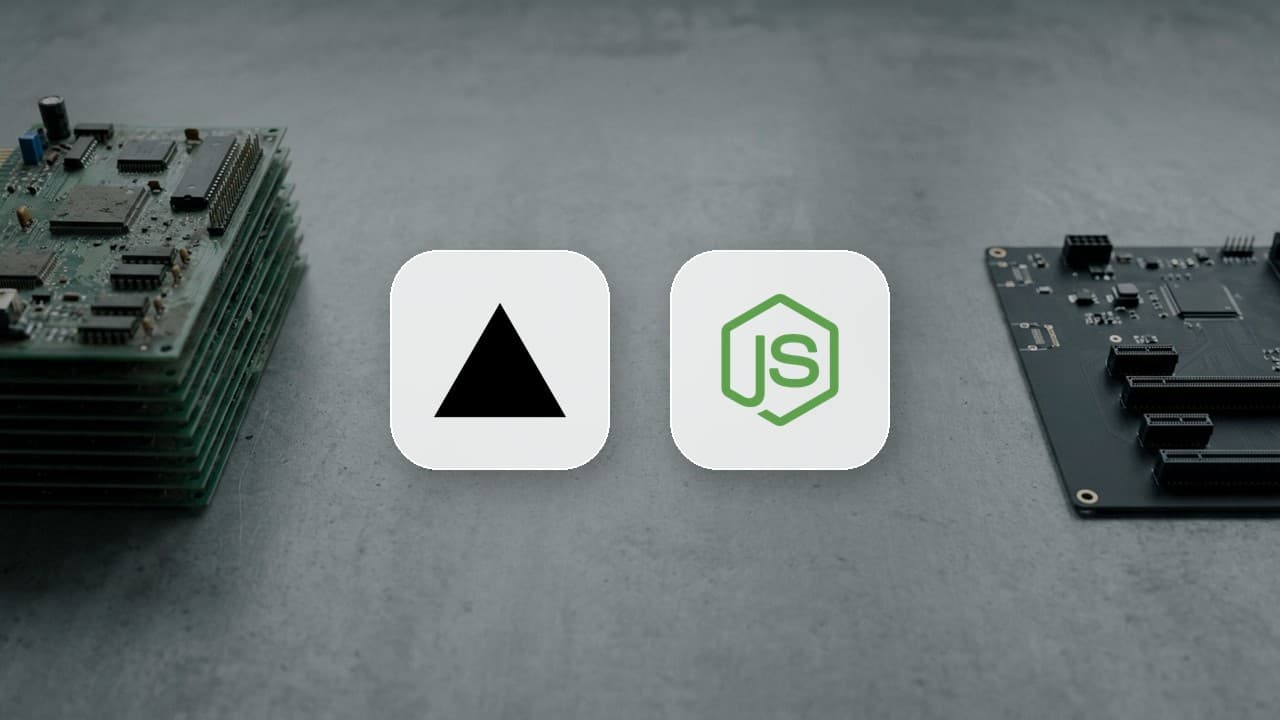 Vercel and Node.js logo tiles between a stack of old green circuit boards and one new black board on a concrete bench, illustrating the Vercel Node.js 20.x discontinued error and the move to Node 24
