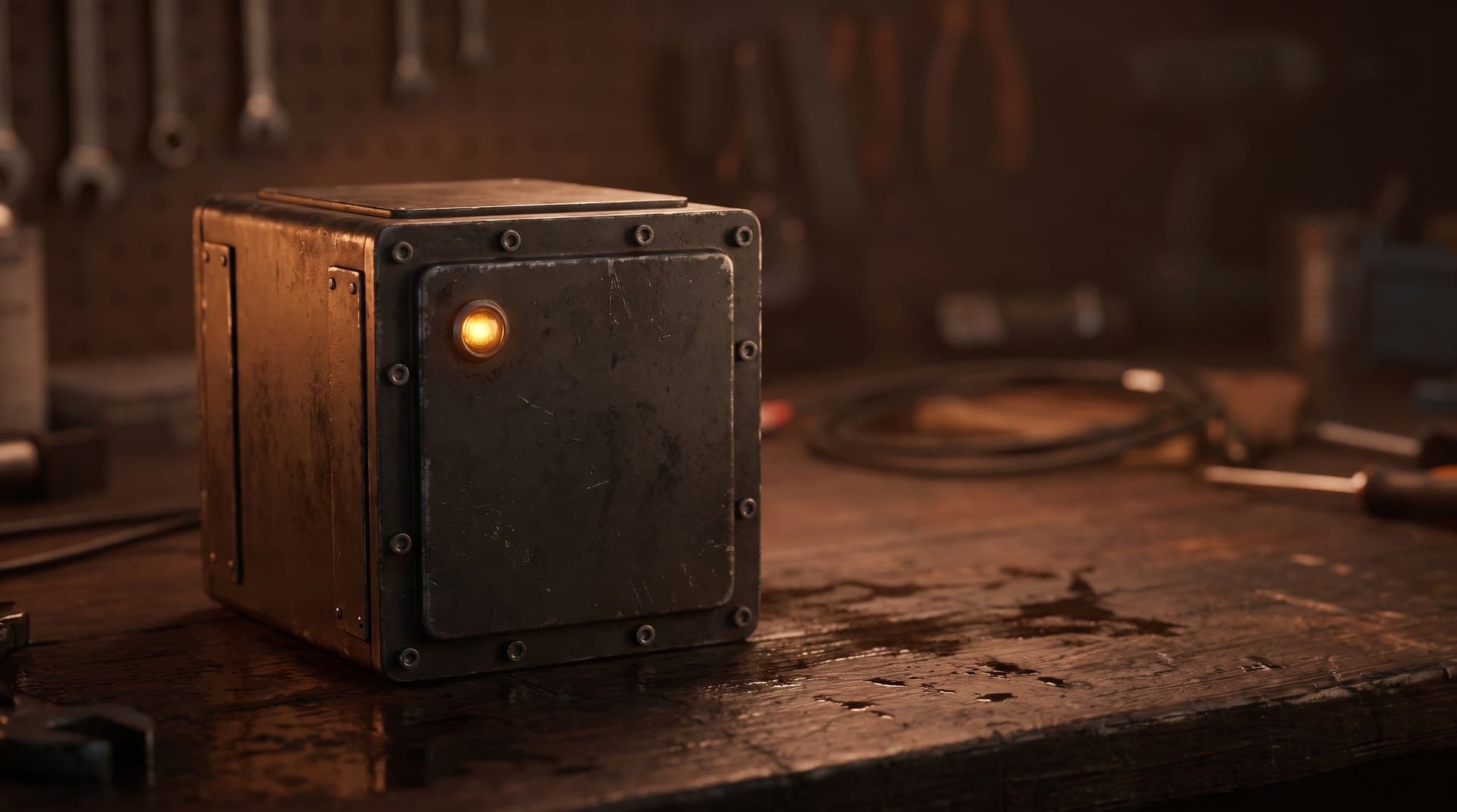 A rugged metal black-box style recorder with a glowing amber status light on a workbench, representing a durable AI agent that survives crashes